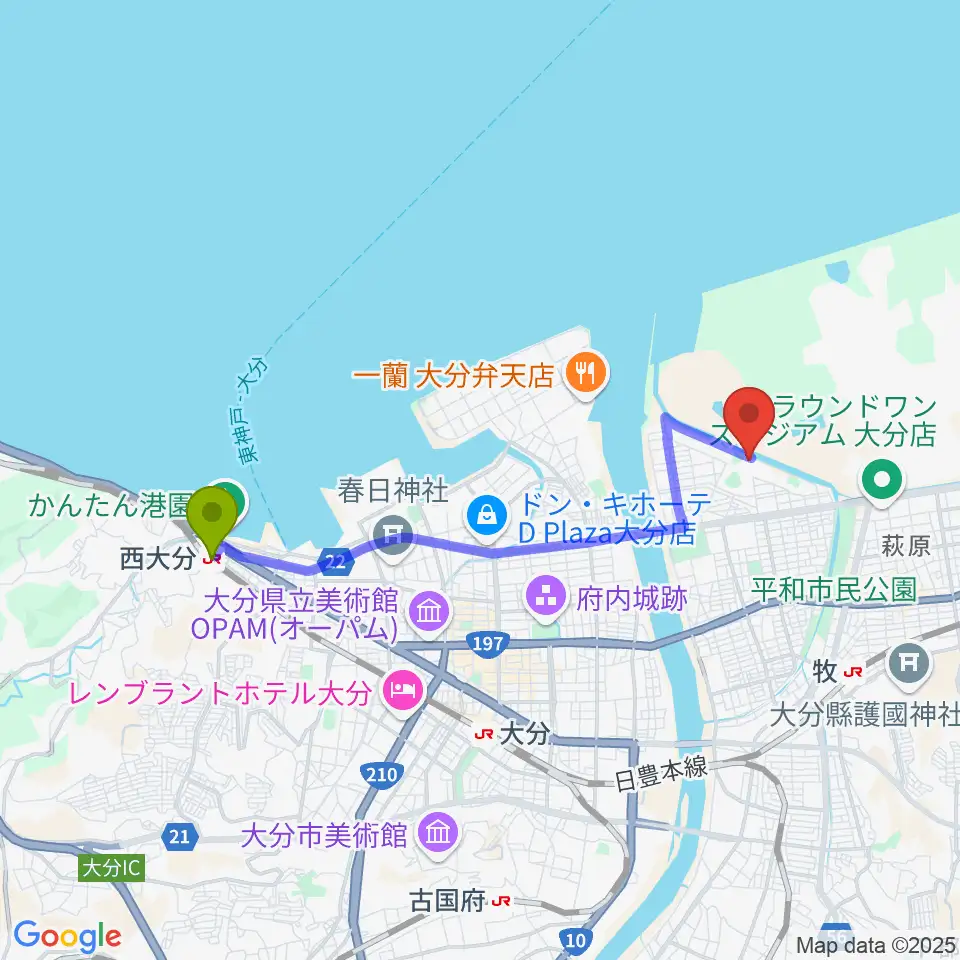 西大分駅からサイクルショップコダマ大洲アリーナへのルートマップ地図