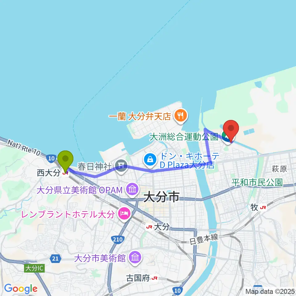 西大分駅からサイクルショップコダマ大洲アリーナへのルートマップ地図