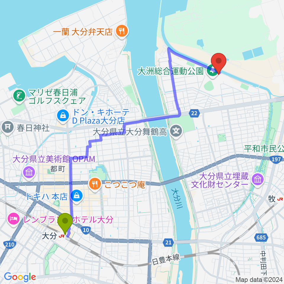 大分駅からサイクルショップコダマ大洲アリーナへのルートマップ地図