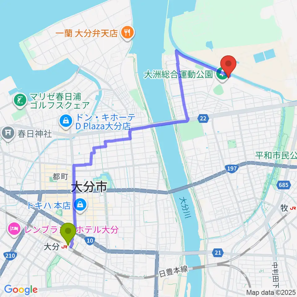 大分駅からサイクルショップコダマ大洲アリーナへのルートマップ地図