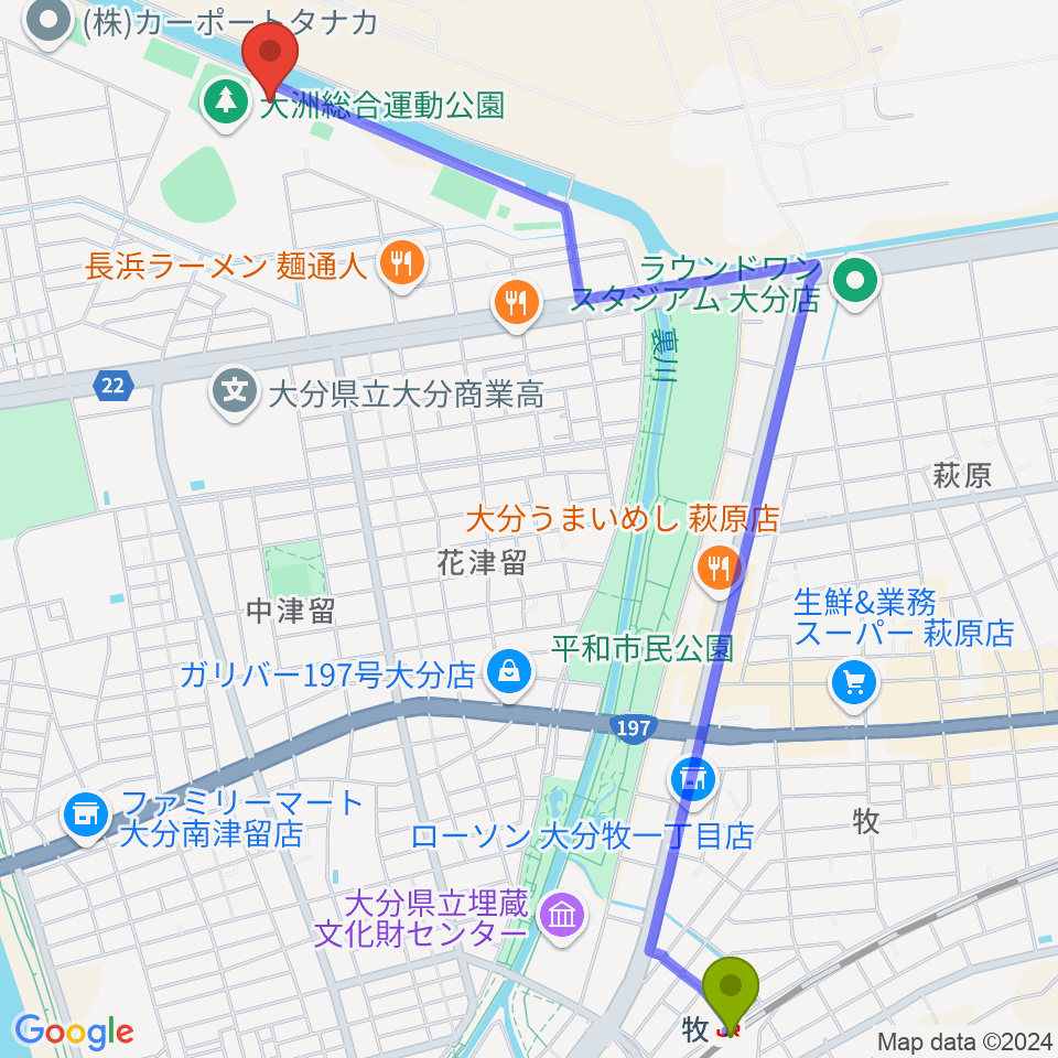 サイクルショップコダマ大洲アリーナの最寄駅牧駅からの徒歩ルート（約31分）地図