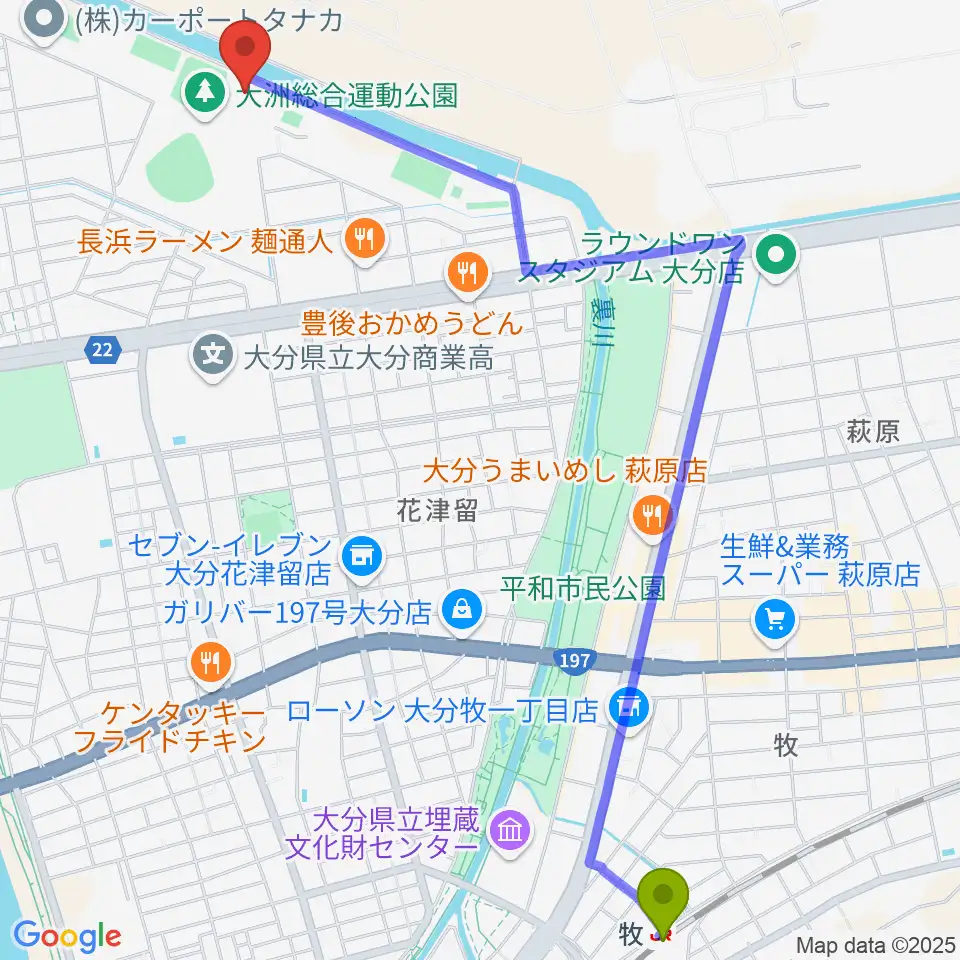 サイクルショップコダマ大洲アリーナの最寄駅牧駅からの徒歩ルート（約31分）地図