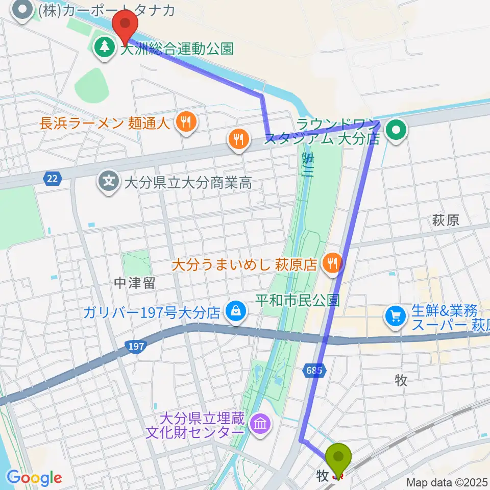 サイクルショップコダマ大洲アリーナの最寄駅牧駅からの徒歩ルート（約31分）地図