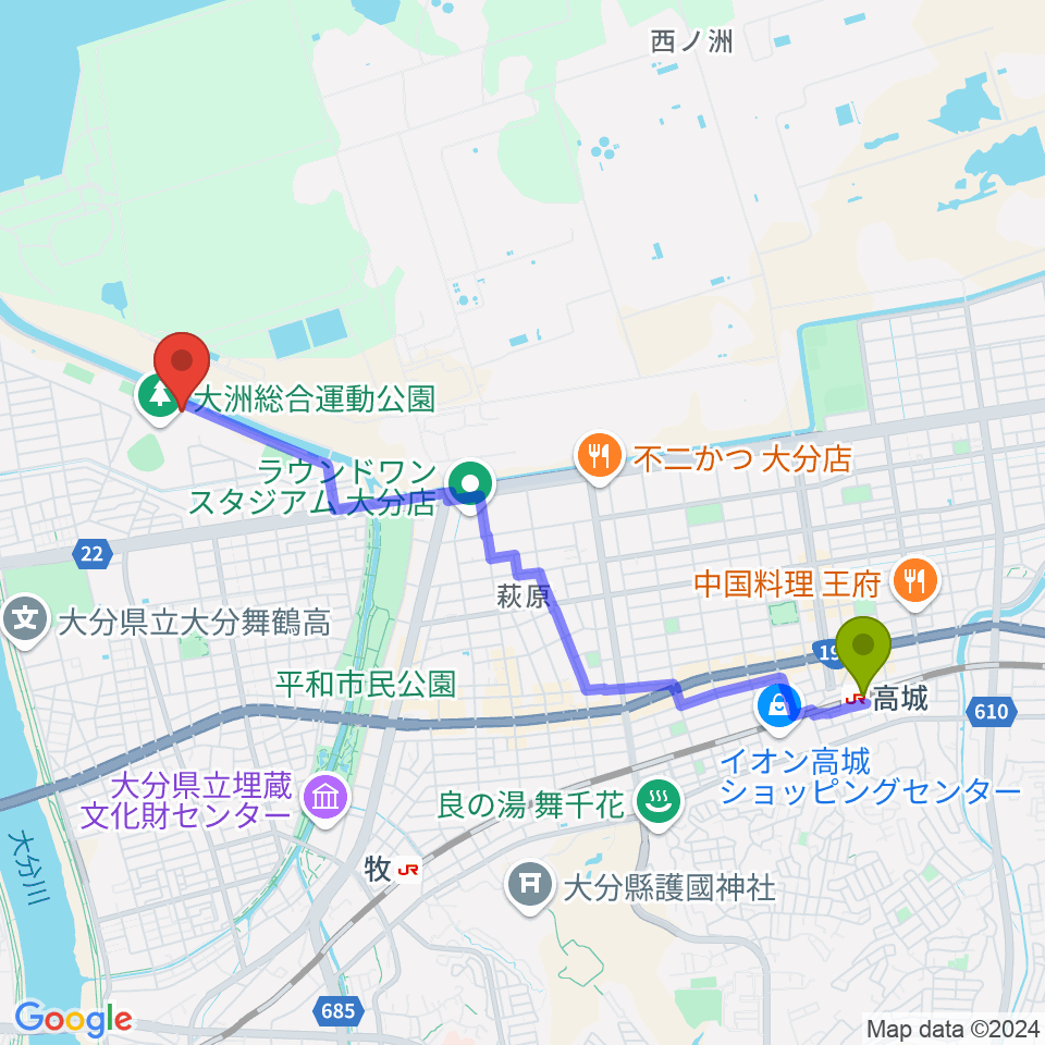 高城駅からサイクルショップコダマ大洲アリーナへのルートマップ地図