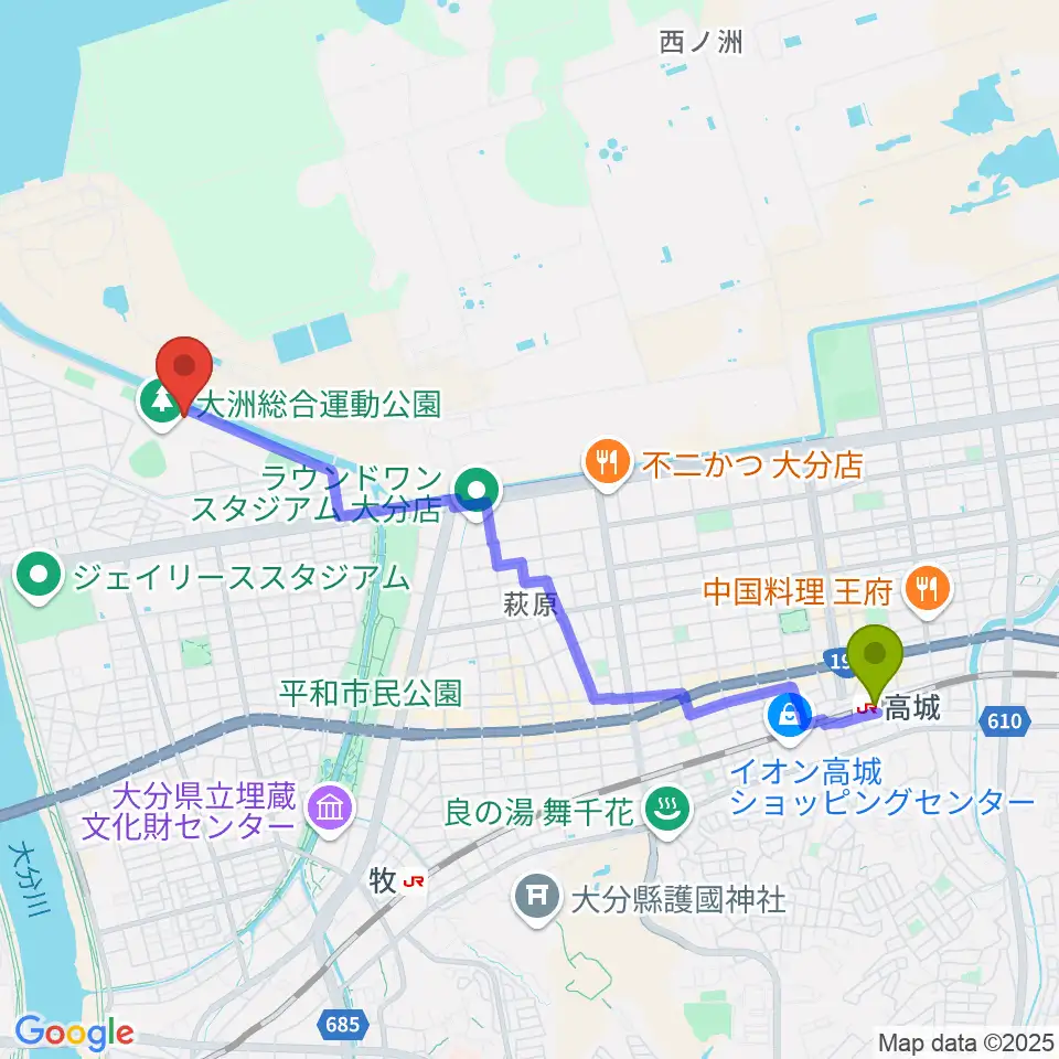 高城駅からサイクルショップコダマ大洲アリーナへのルートマップ地図