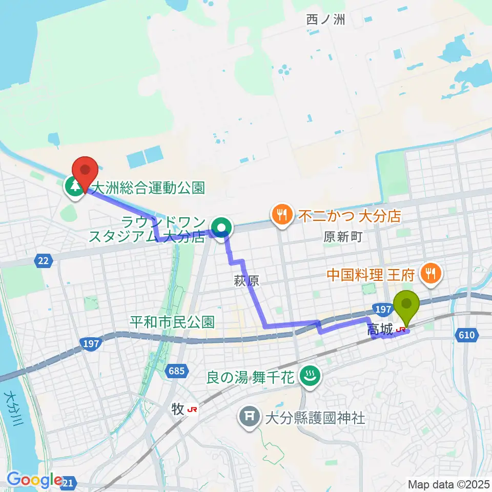 高城駅からサイクルショップコダマ大洲アリーナへのルートマップ地図