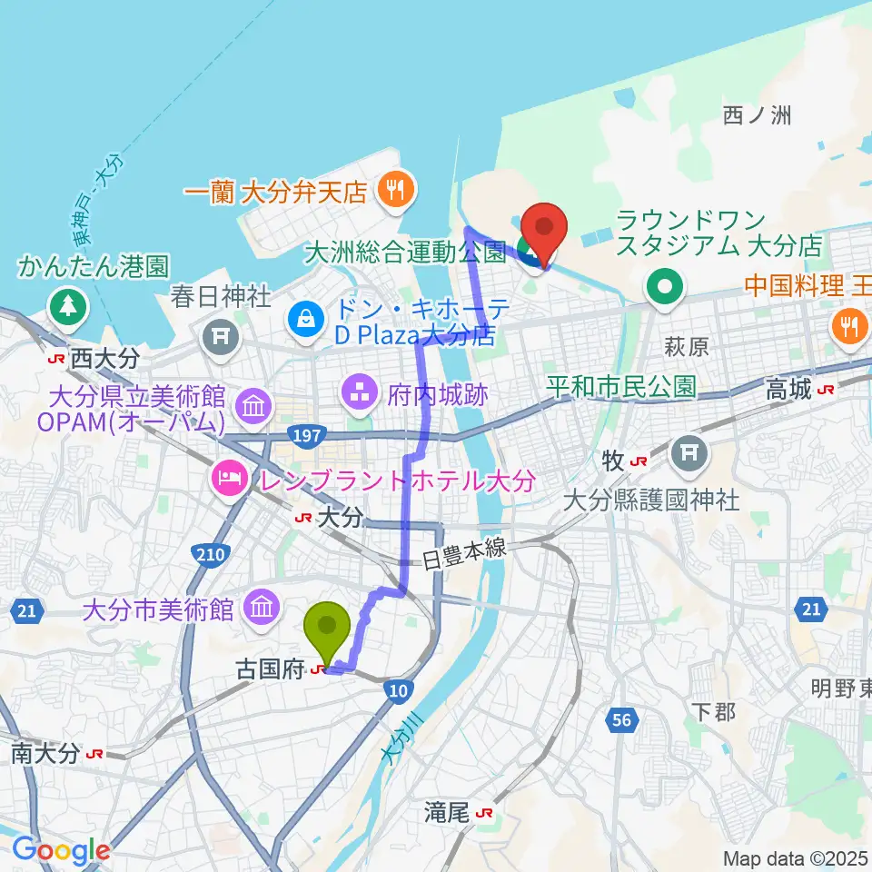 古国府駅からサイクルショップコダマ大洲アリーナへのルートマップ地図