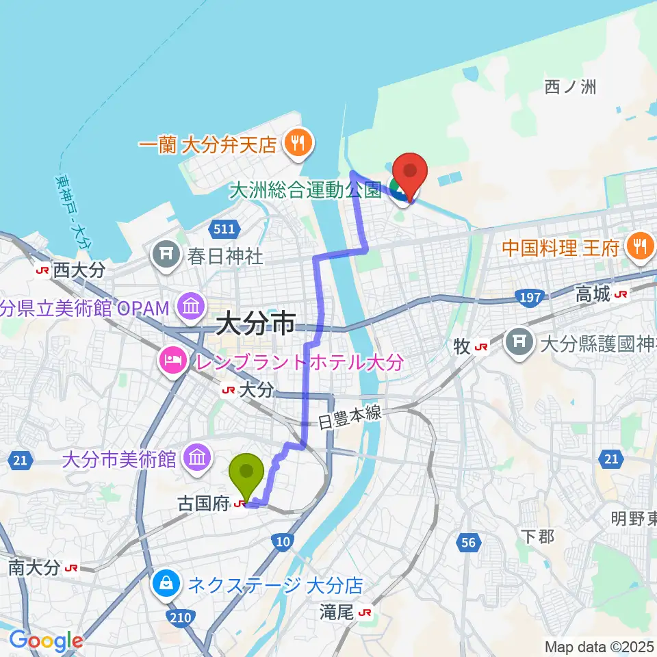 古国府駅からサイクルショップコダマ大洲アリーナへのルートマップ地図