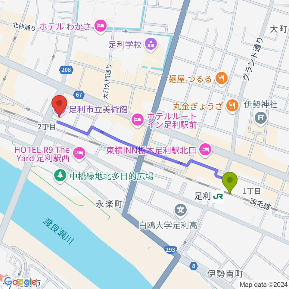 足利駅から足利市立美術館へのルートマップ地図