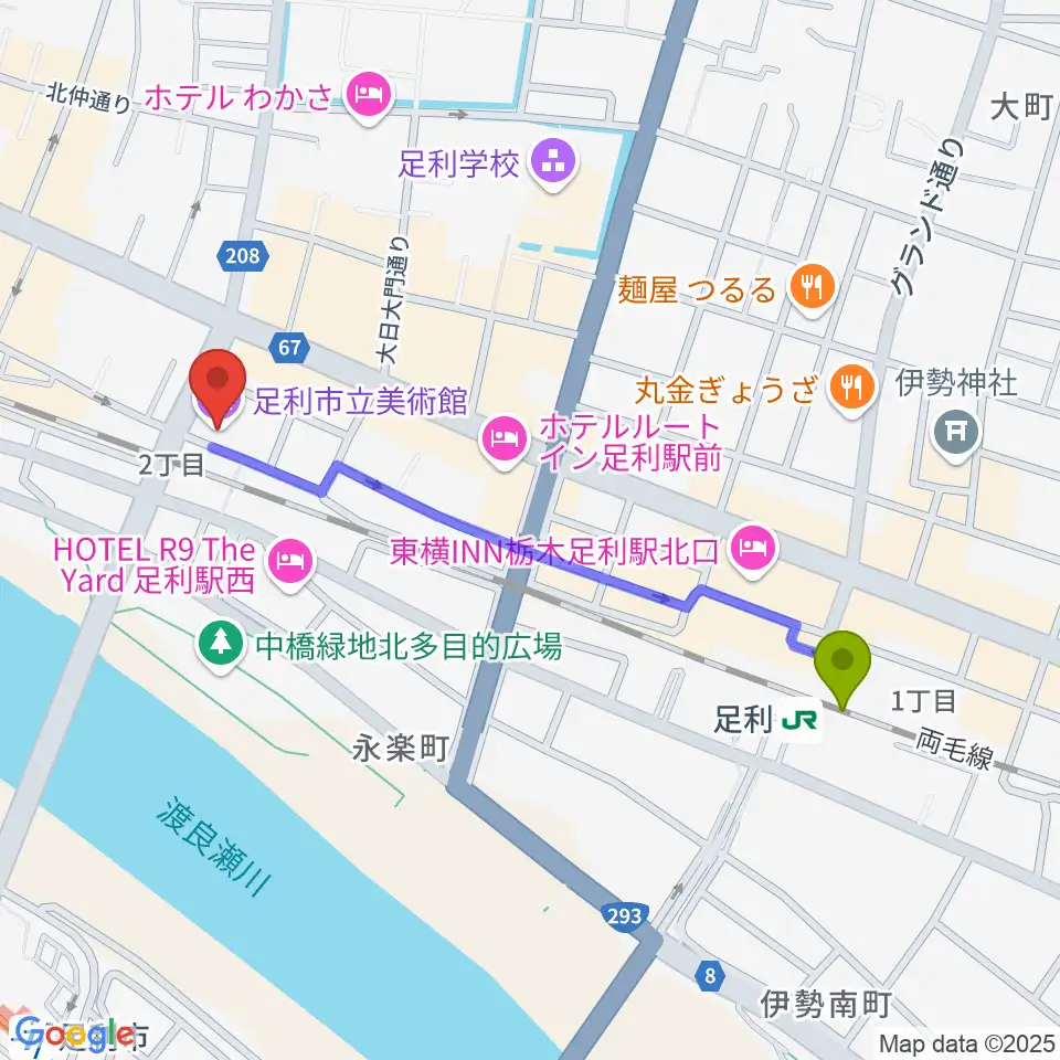 足利駅から足利市立美術館へのルートマップ地図