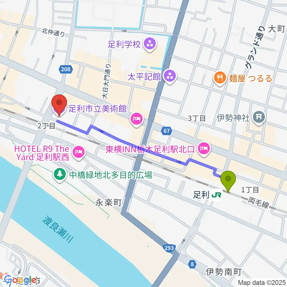 足利駅から足利市立美術館へのルートマップ地図