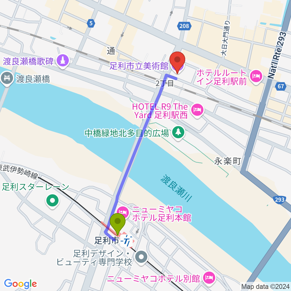 足利市立美術館の最寄駅足利市駅からの徒歩ルート（約9分）地図