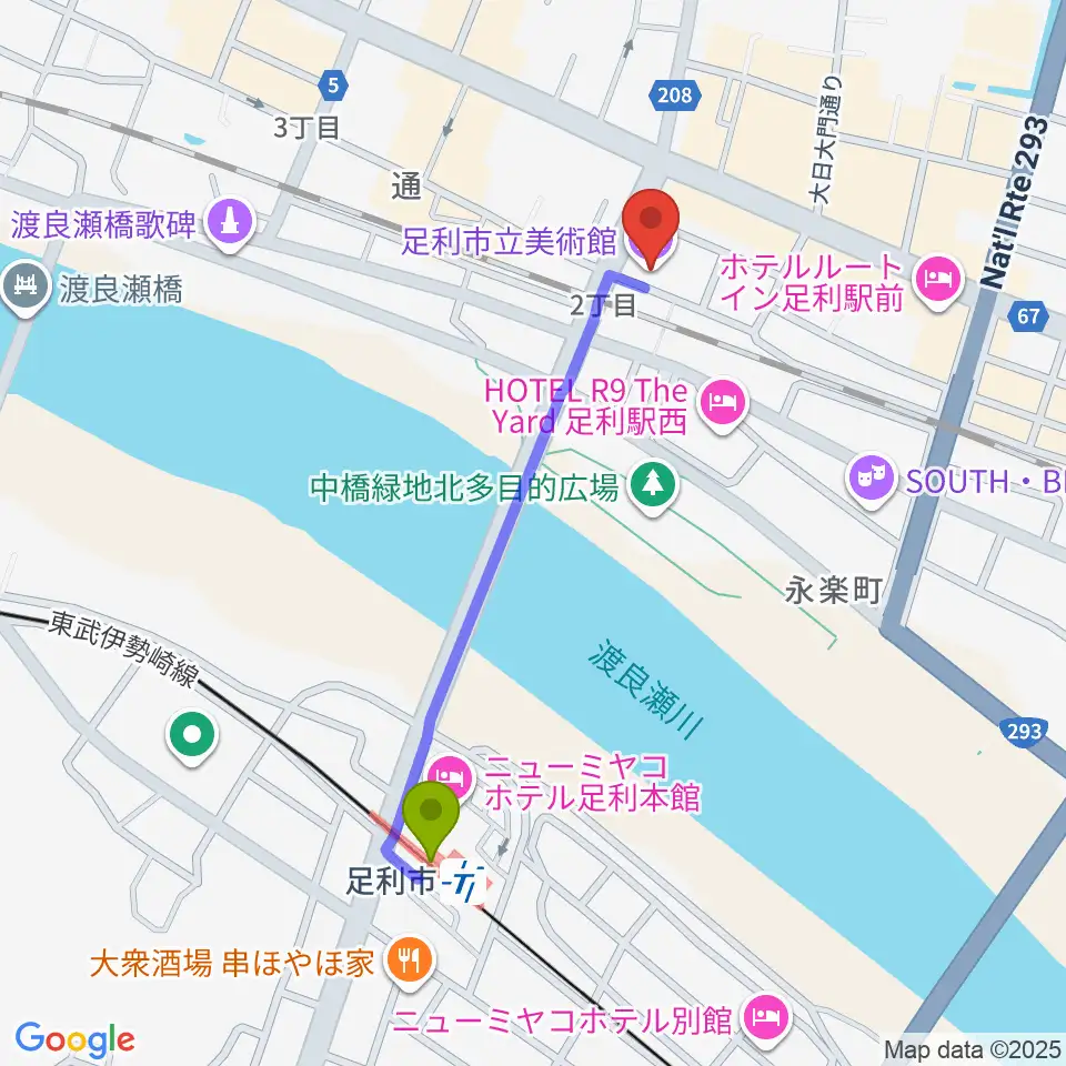 足利市立美術館の最寄駅足利市駅からの徒歩ルート（約9分）地図