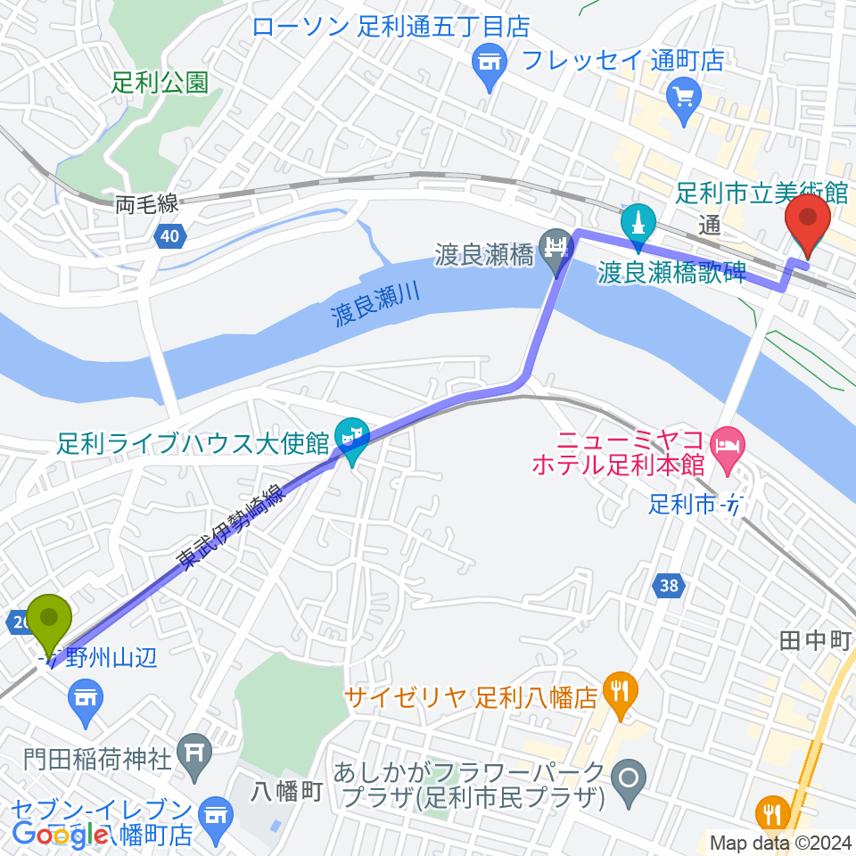 野州山辺駅から足利市立美術館へのルートマップ地図
