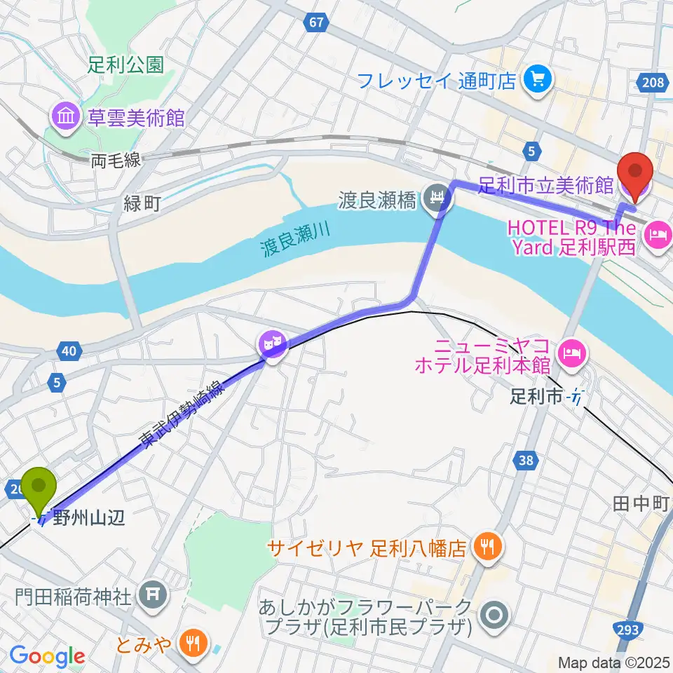 野州山辺駅から足利市立美術館へのルートマップ地図