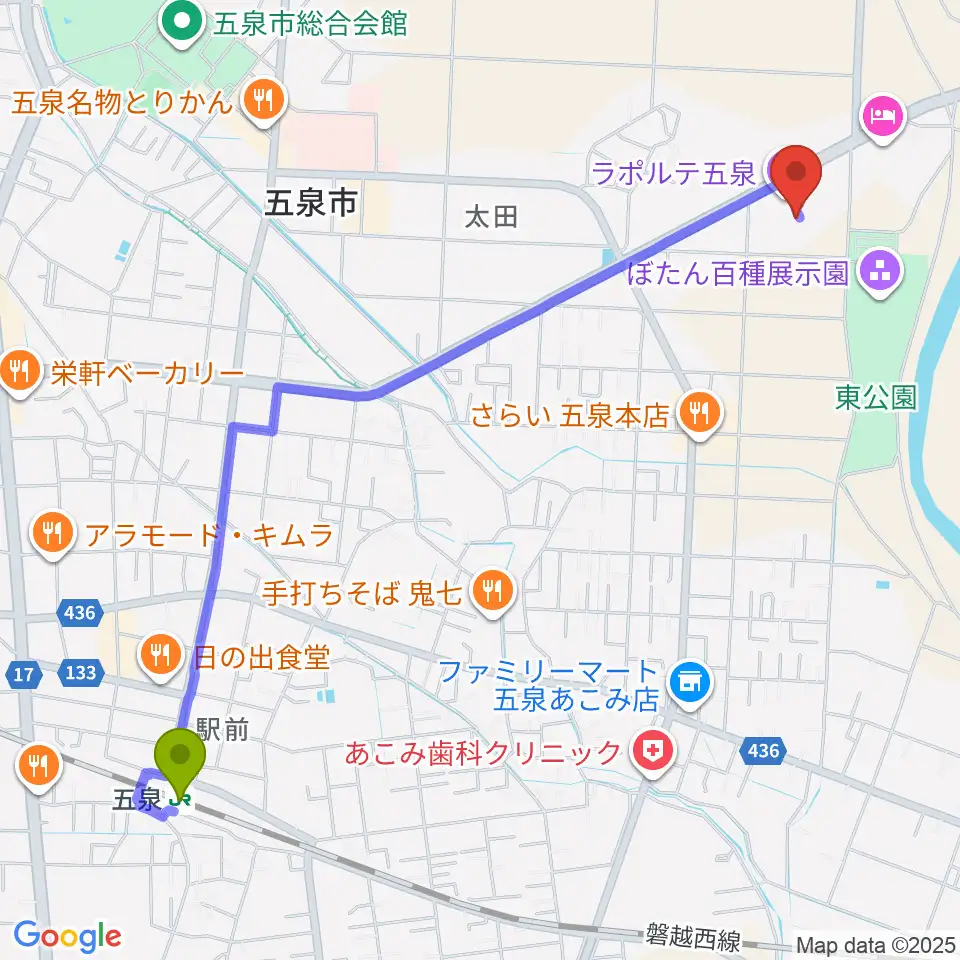 ラポルテ五泉の最寄駅五泉駅からの徒歩ルート（約27分）地図