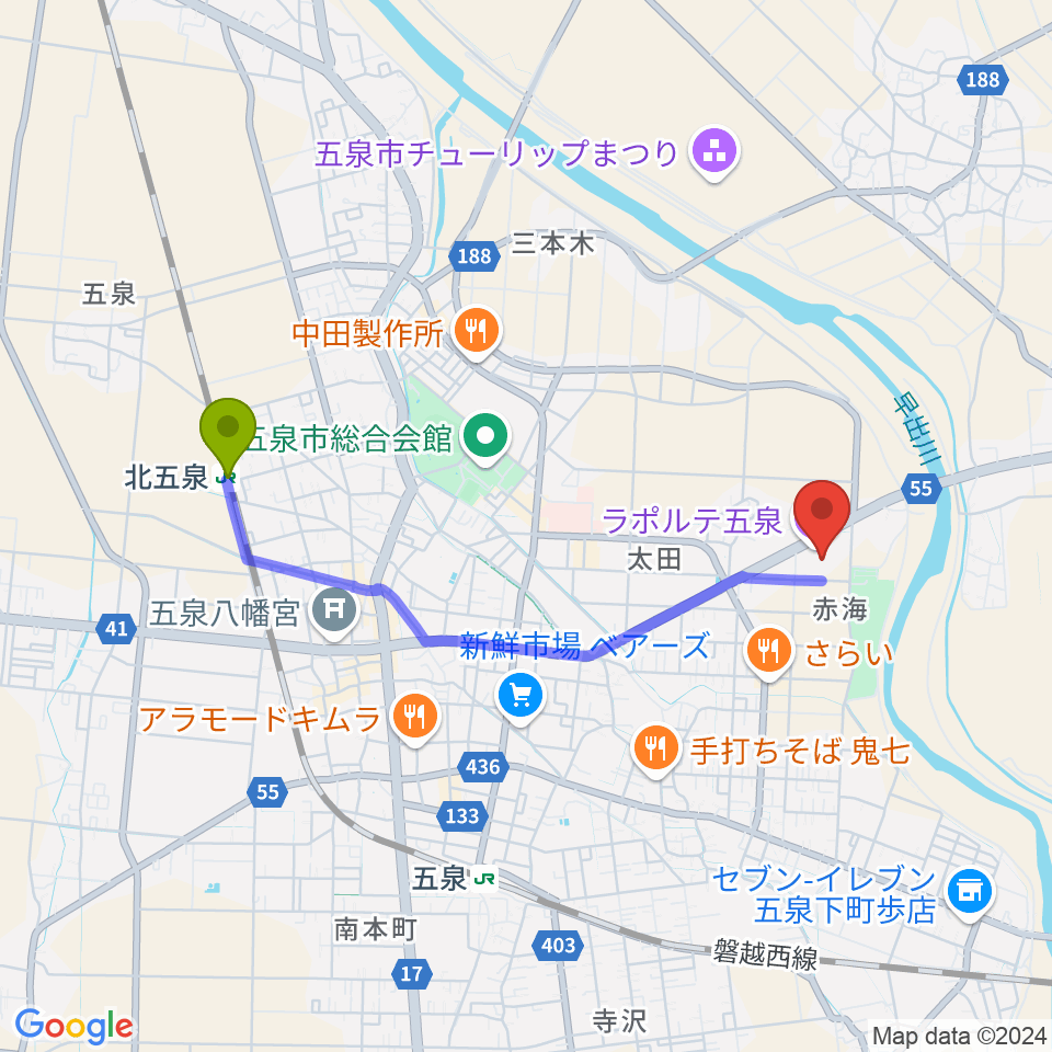 北五泉駅からラポルテ五泉へのルートマップ地図