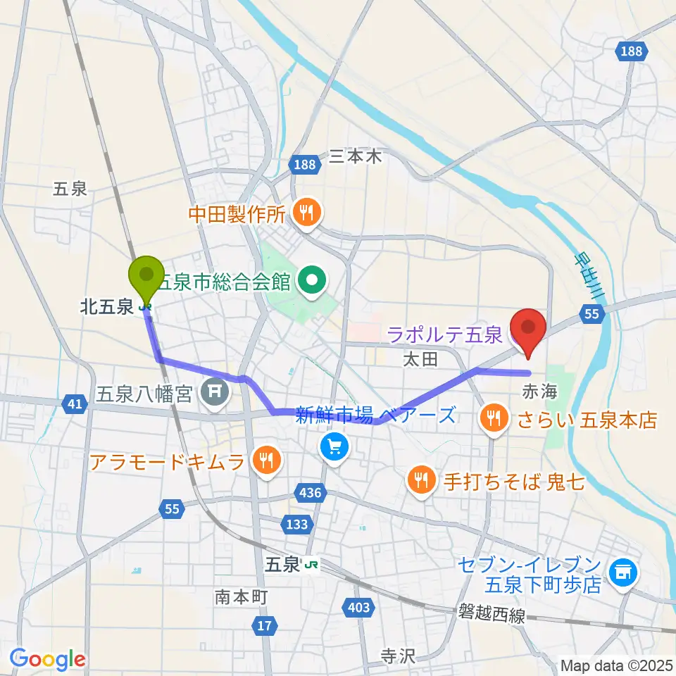 北五泉駅からラポルテ五泉へのルートマップ地図