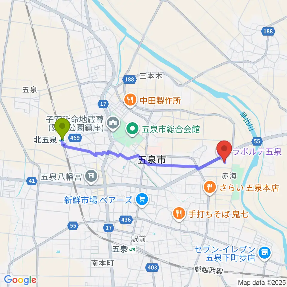 北五泉駅からラポルテ五泉へのルートマップ地図