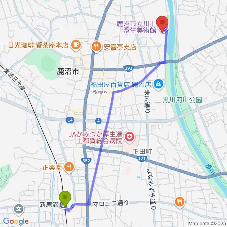 新鹿沼駅から鹿沼市立川上澄生美術館へのルートマップ地図