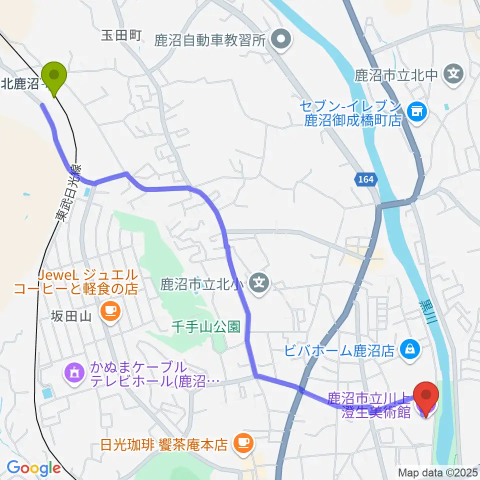 北鹿沼駅から鹿沼市立川上澄生美術館へのルートマップ地図