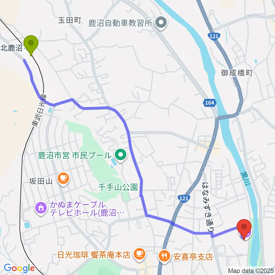 北鹿沼駅から鹿沼市立川上澄生美術館へのルートマップ地図