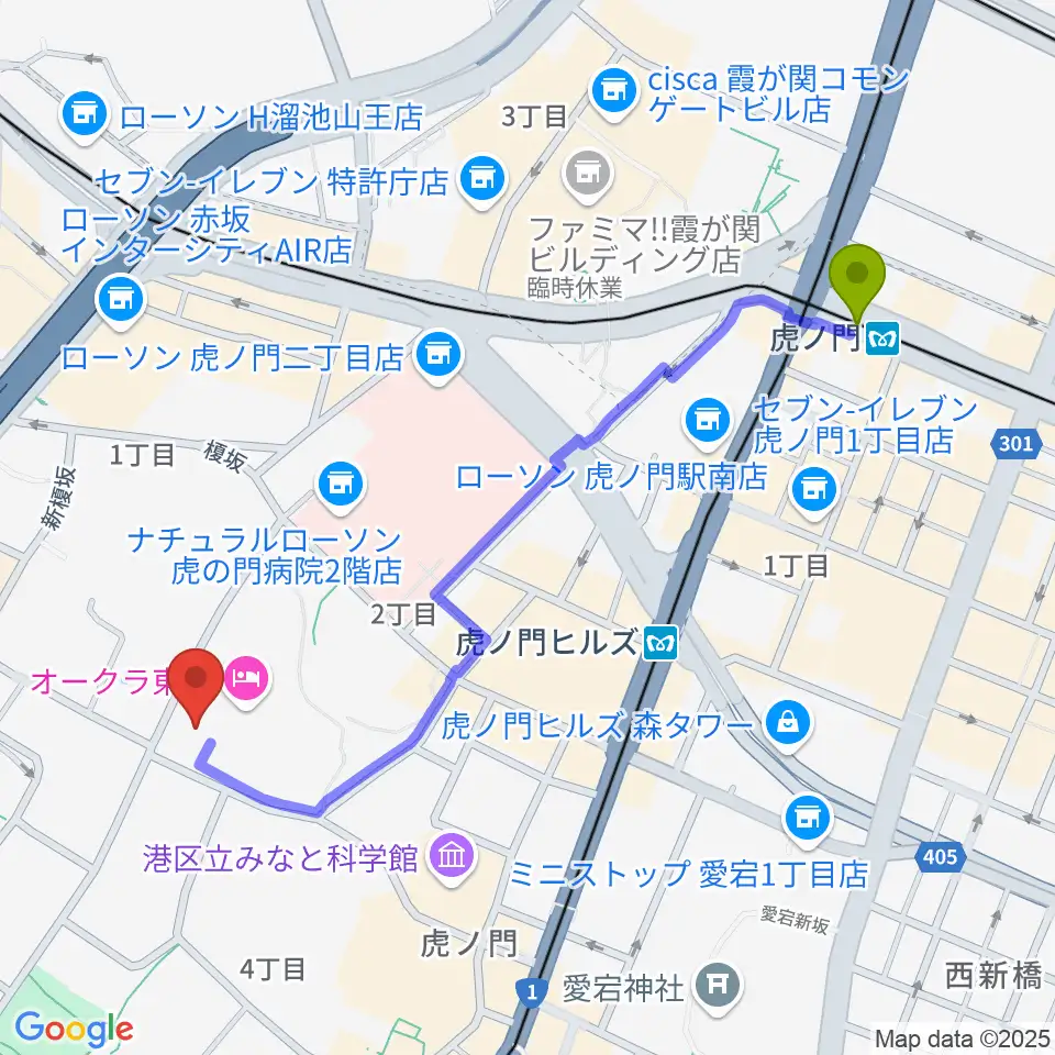 虎ノ門駅から大倉集古館へのルートマップ地図