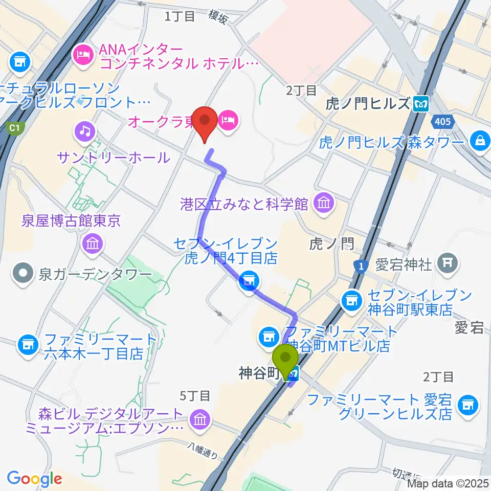 神谷町駅から大倉集古館へのルートマップ地図