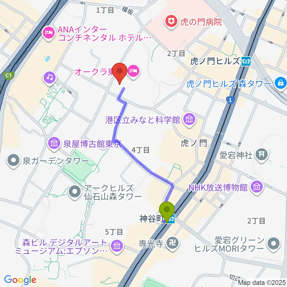 神谷町駅から大倉集古館へのルートマップ地図