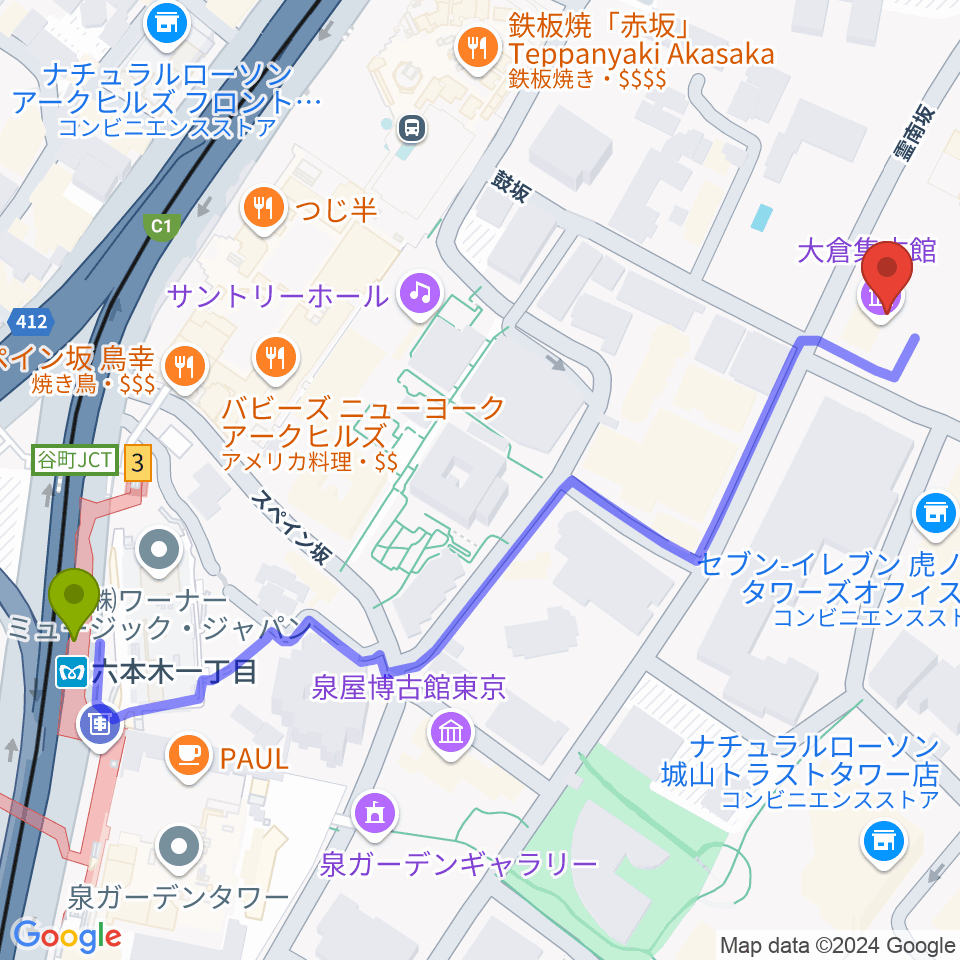 大倉集古館の最寄駅六本木一丁目駅からの徒歩ルート（約7分）地図