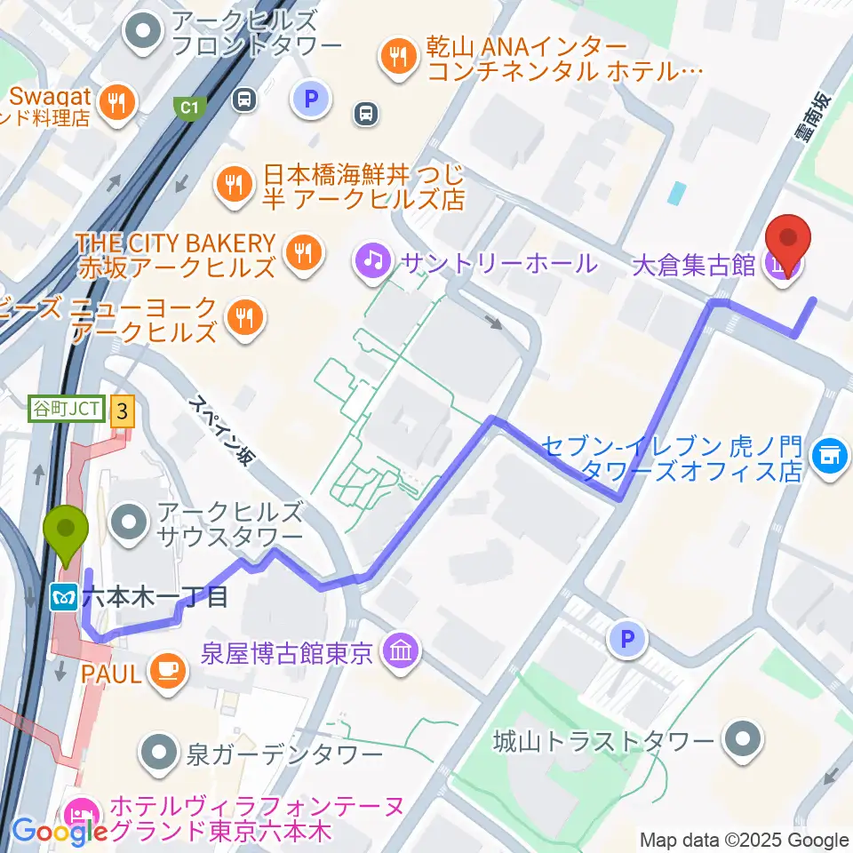 大倉集古館の最寄駅六本木一丁目駅からの徒歩ルート（約7分）地図