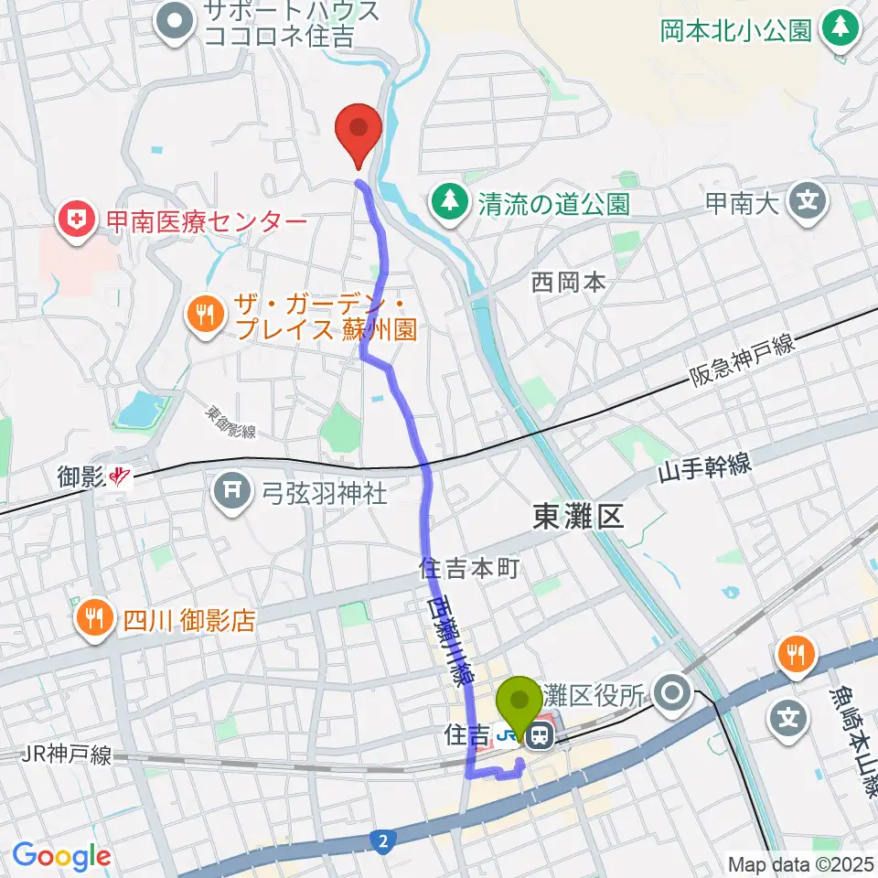 住吉駅から白鶴美術館へのルートマップ地図