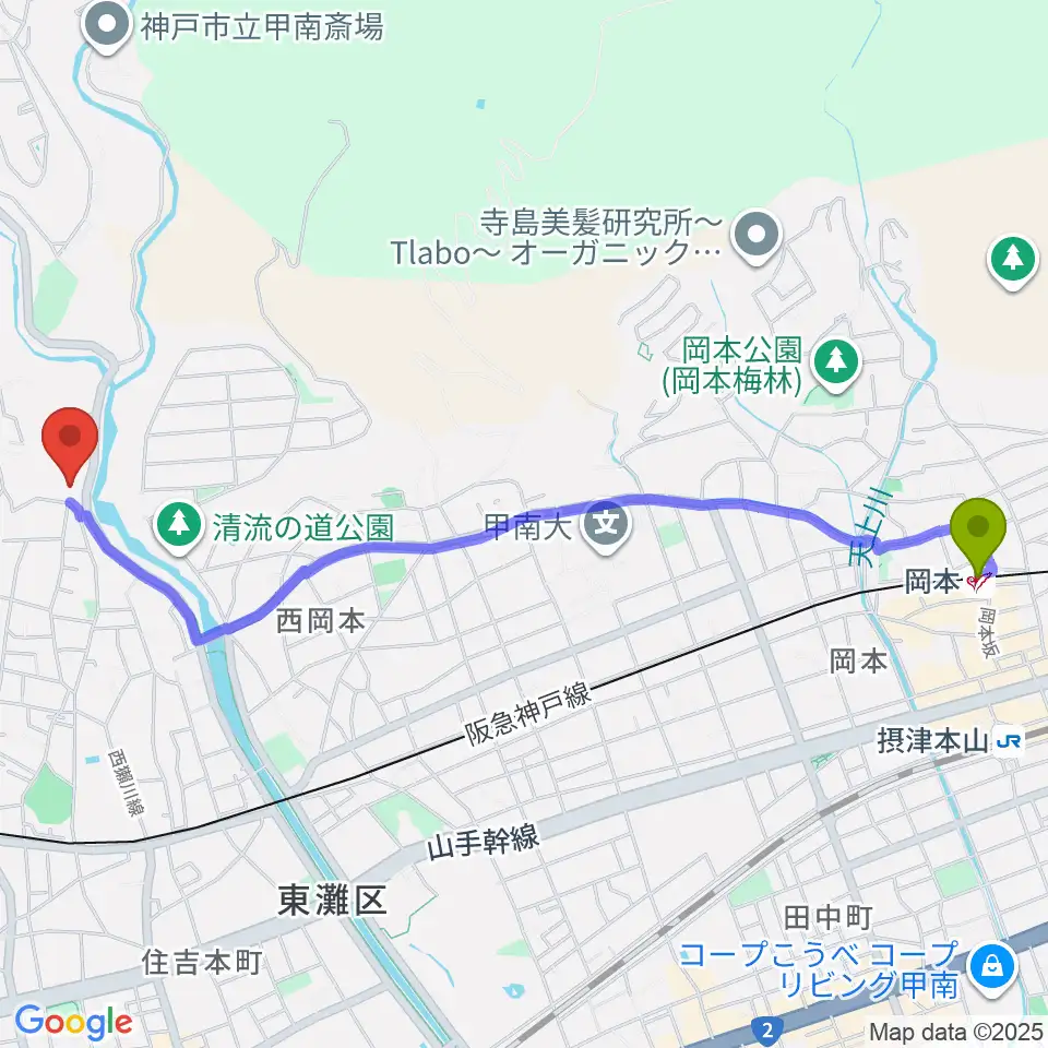 岡本駅から白鶴美術館へのルートマップ地図