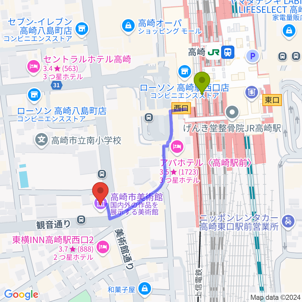 高崎市美術館の最寄駅高崎駅からの徒歩ルート（約4分）地図