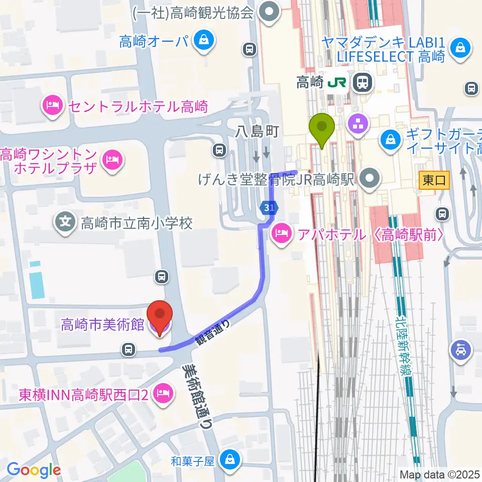 高崎市美術館の最寄駅高崎駅からの徒歩ルート（約4分）地図