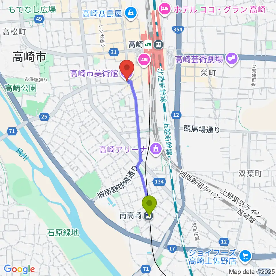 南高崎駅から高崎市美術館へのルートマップ地図