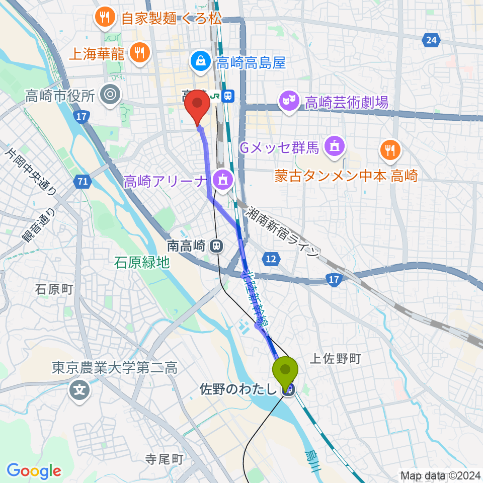 佐野のわたし駅から高崎市美術館へのルートマップ地図