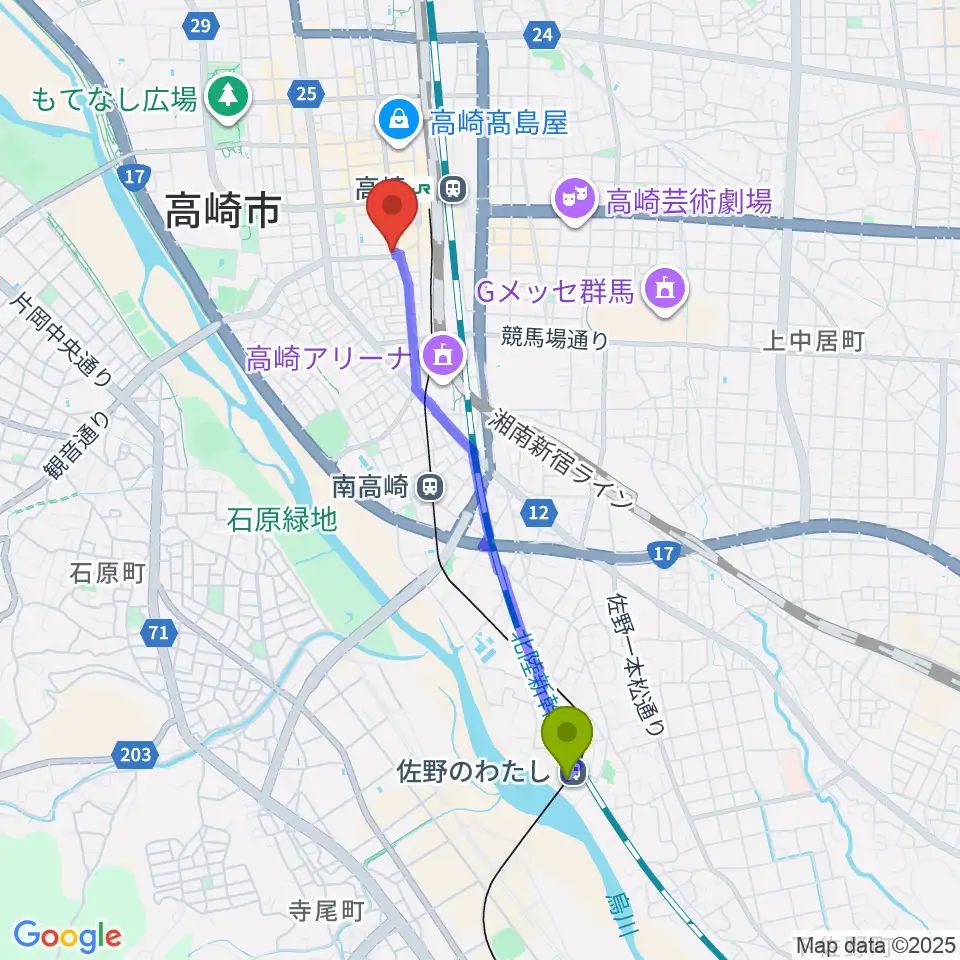 佐野のわたし駅から高崎市美術館へのルートマップ地図