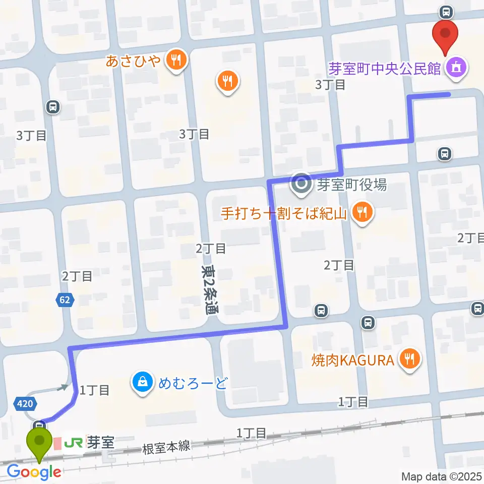 芽室町中央公民館の最寄駅芽室駅からの徒歩ルート（約8分）地図
