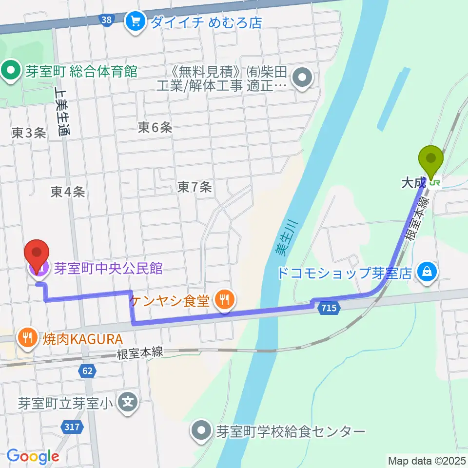 大成駅から芽室町中央公民館へのルートマップ地図