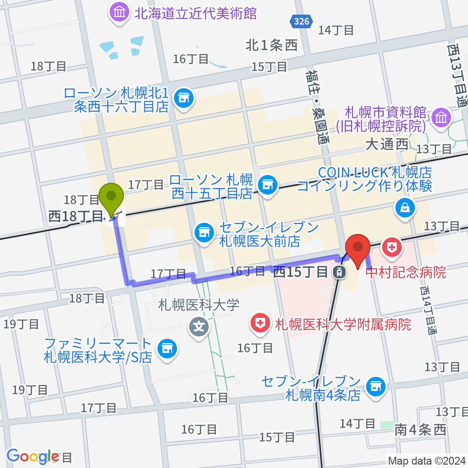 西１８丁目駅からウィステリアホールへのルートマップ地図