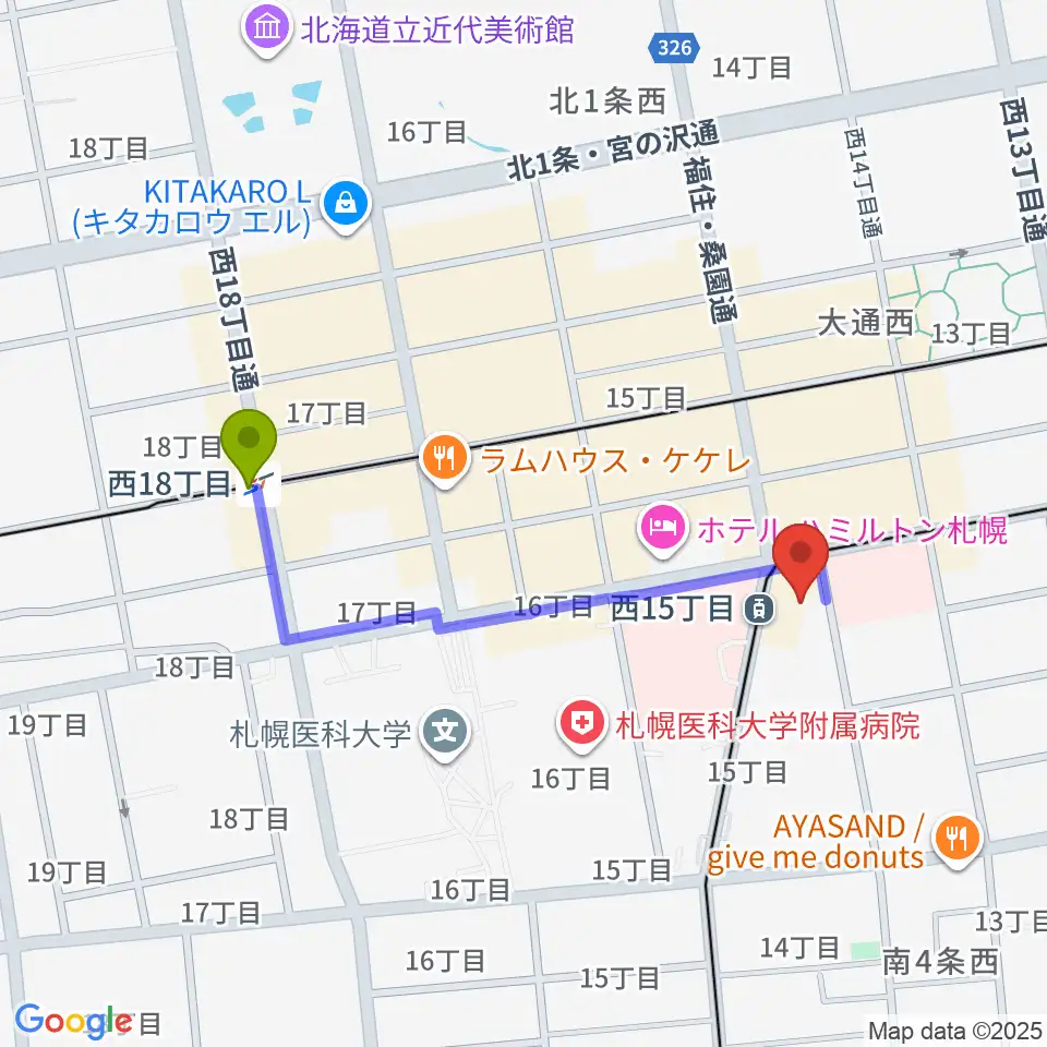 西１８丁目駅からウィステリアホールへのルートマップ地図