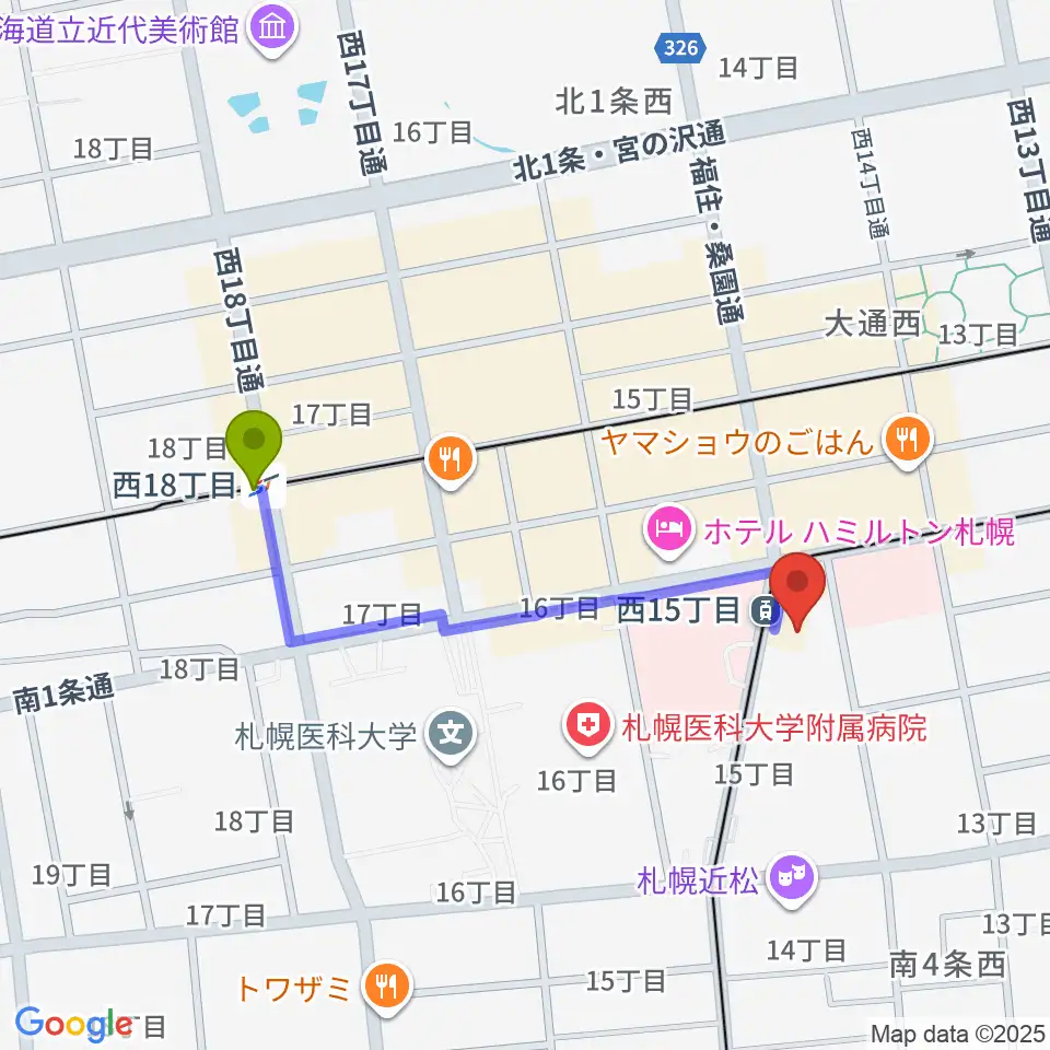 西１８丁目駅からウィステリアホールへのルートマップ地図
