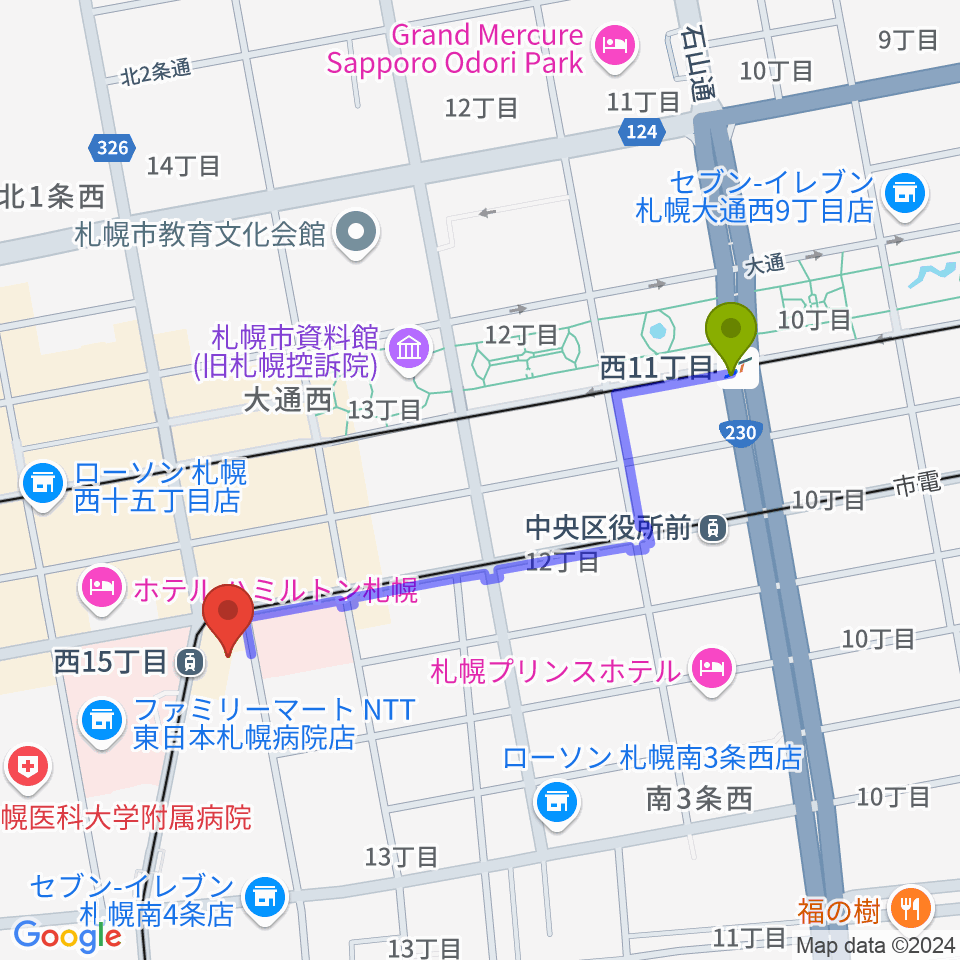 西１１丁目駅からウィステリアホールへのルートマップ地図