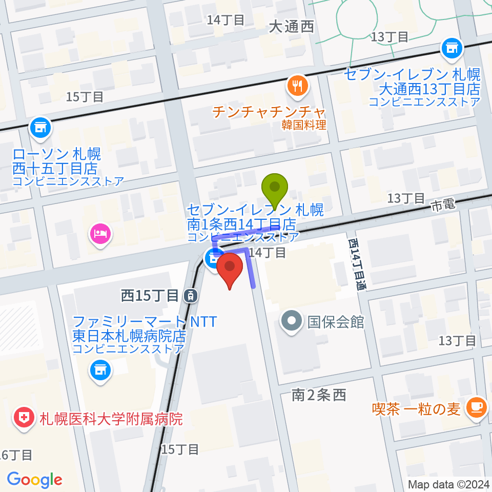 ウィステリアホールの最寄駅西１５丁目駅からの徒歩ルート（約1分）地図