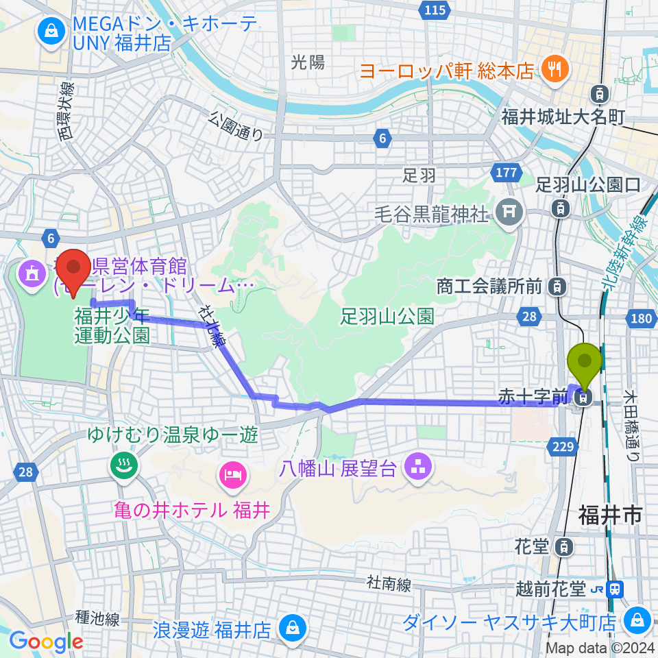 赤十字前駅から福井県営陸上競技場 9.98スタジアムへのルートマップ地図