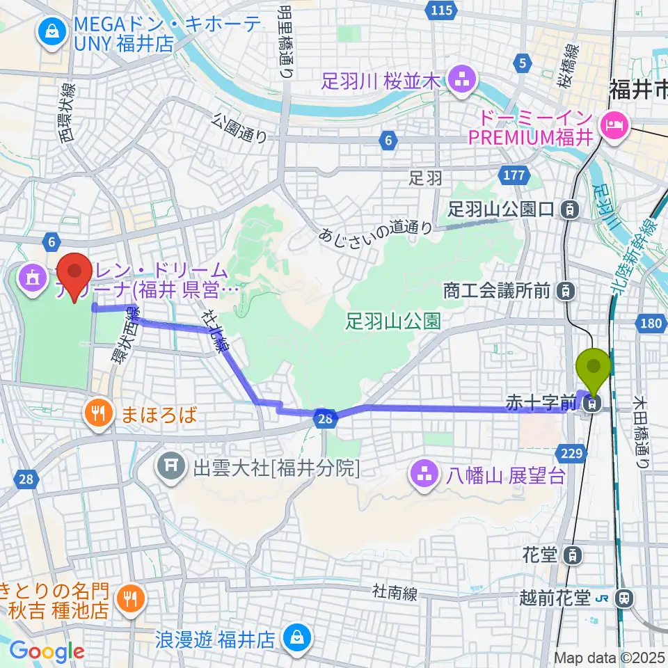 赤十字前駅から福井県営陸上競技場 9.98スタジアムへのルートマップ地図