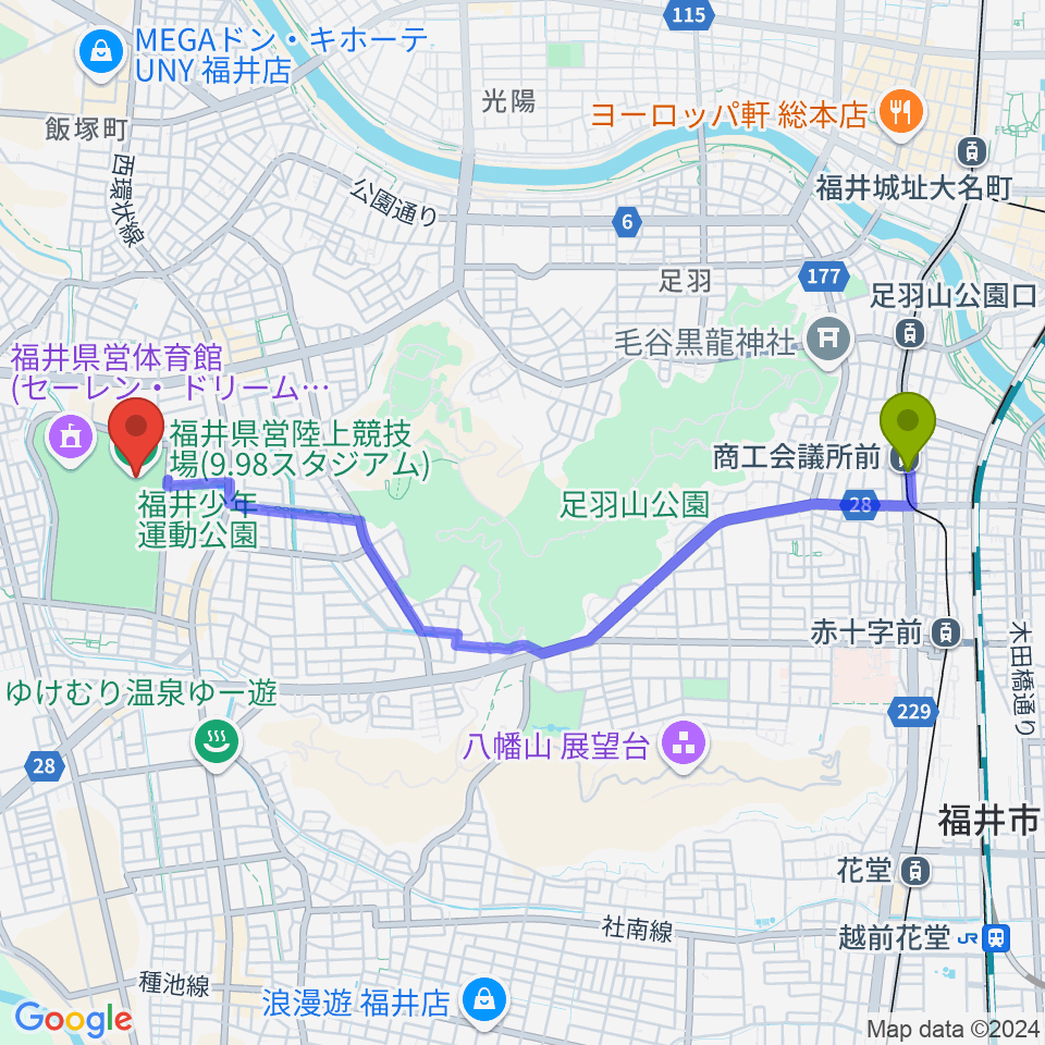 福井県営陸上競技場 9.98スタジアムの最寄駅商工会議所前駅からの徒歩ルート（約46分）地図