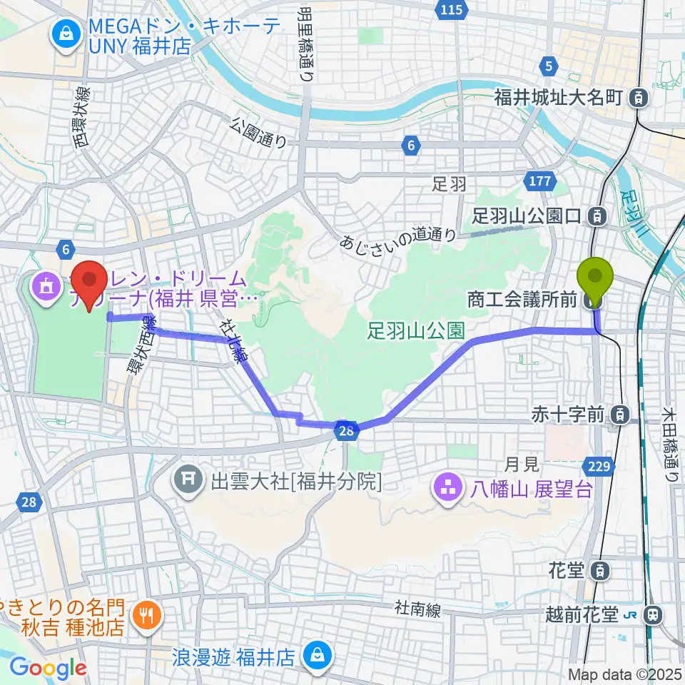 福井県営陸上競技場 9.98スタジアムの最寄駅商工会議所前駅からの徒歩ルート（約46分）地図