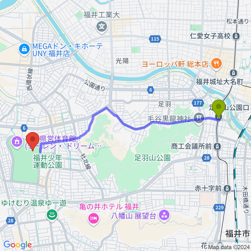 足羽山公園口駅から福井県営陸上競技場 9.98スタジアムへのルートマップ地図